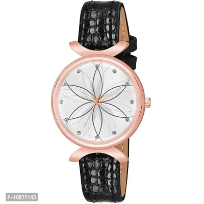 KIROH Analogue Brown Full Flower Dial Unique Designer Leather Strap Women's and Girl's Watch (Black -White)