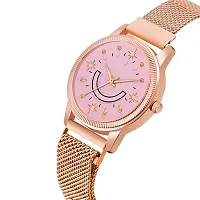 KIROH Analogue Smiley Pink Dial Magnetic Metal Strap Watch for Girl's and Women (Rose Gold-Pink)-thumb1