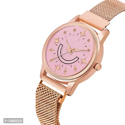 KIROH Analogue Smiley Pink Dial Magnetic Metal Strap Watch for Girl's and Women (Rose Gold-Pink)-thumb2