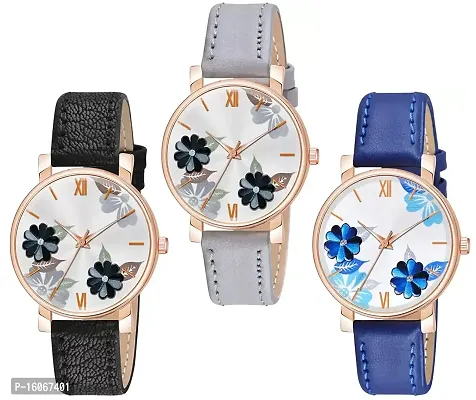 KIROH Analogue Flowered Dial Designer Leather Strap Watch for Girl's and Women Pack of 1,2 and 3 Combo Women's and Girl's Watches (Black-Grey-Blue)
