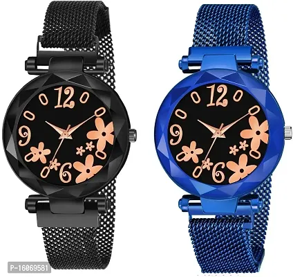 KIROH Analogue Flower Dial Unique Megnetic Strap Analoge Girls and Woman Combo Watches(Pack of 2,Black -Blue)
