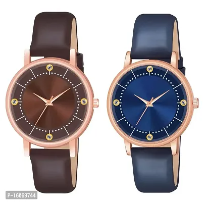 KIROH Analogue Round Dial Stylish 4 Point Premium Leather Strap Watch for Girls and Women (Pack of -2, Coffee - Blue)