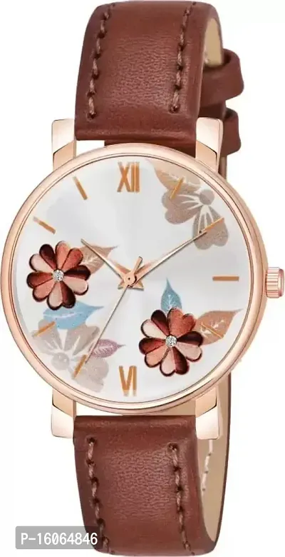 KIROH Analogue Flowered Dial Designer Leather Strap Watch for Girl's and Women Pack of 1,2 and 3 Combo Women's and Girl's Watches (Black-Peach-Brown)-thumb5