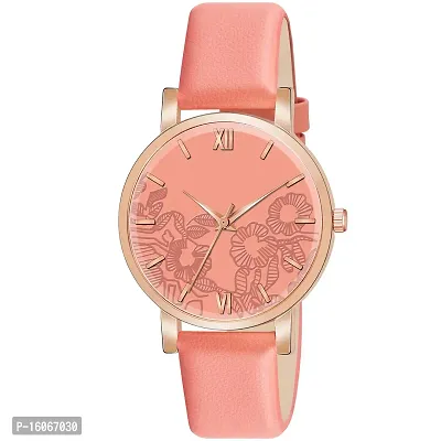 KIROH Analogue Roman Digit Dial Unique Designer Leather Strap Watch for Girl's and Women (Peach)-thumb0