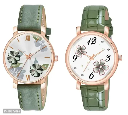 KIROH Analogue Round Dial Dual Flower Premium Leather Strap Watch for Girls and Women (Pack of -2, Green-Green)
