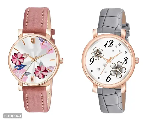 KIROH Analogue Round Dial Dual Flower Premium Leather Strap Watch for Girls and Women (Pack of -2, Pea-Grey)