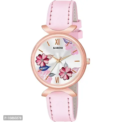 KIROH Analog New Flower Designer Dial Stylish Premium Leather Strap Watch for Girls and Women(Pink)