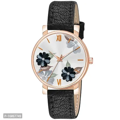KIROH Analogue Flower Designer Leather Strap Watch for Girl's and Women (Black)