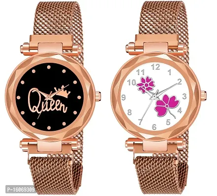KIROH Pack of 2 Analogue Queen and Flower Dial Magnetic Strap Combo Girl's and Women's Watch (Gold-Pink)