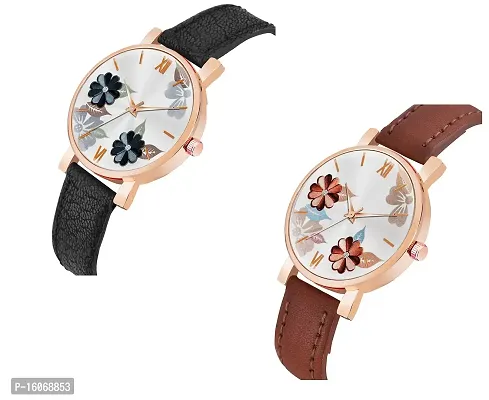 KIROH Analogue Flowered Dial Designer Leather Strap Watch for Girl's and Women Pack of 1,2 and 3 Combo Women's and Girl's Watches (Black-Brown)-thumb2