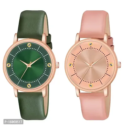 KIROH Analogue Round Dial Stylish 4 Point Premium Leather Strap Watch for Girls and Women (Pack of -2, Green - Peach)