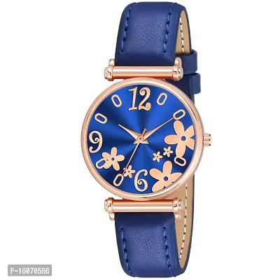 KIROH Analogue Unique Flower Dial Designer Leather Strap Women's and Girl's Watch (Blue)-thumb0