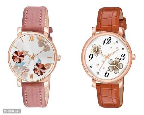 KIROH Analogue Round Dial Dual Flower Premium Leather Strap Watch for Girls and Women (Pack of -2, Peach-Brown)