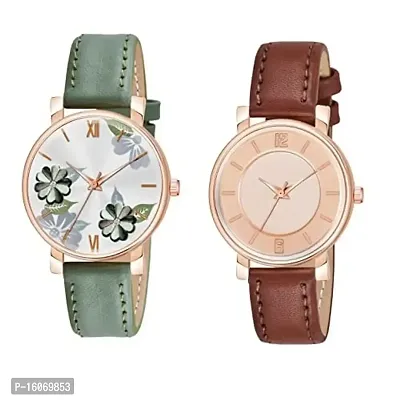 KIROH Green Flower and 6 to 12 Antique Dial Analogue Stylish Leather Strap Analoge Girls and Woman Combo Watches(Green)