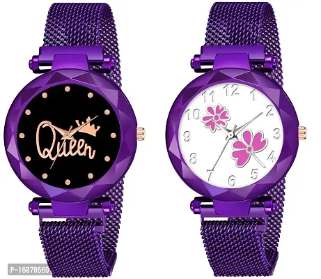 KIROH Pack of 2 Analogue Queen and Flower Dial Magnetic Strap Combo Girl's and Women's Watch (Purple-Pink)