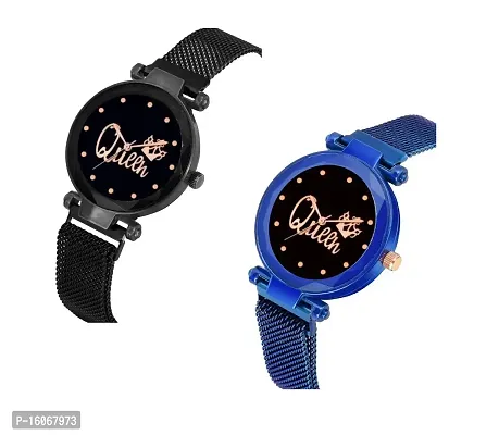 KIROH Casual Analogue Queen Dial Magnetic Strap Analog Watch for Girl's and Women (Pack of 2) (Black and Blue)-thumb2