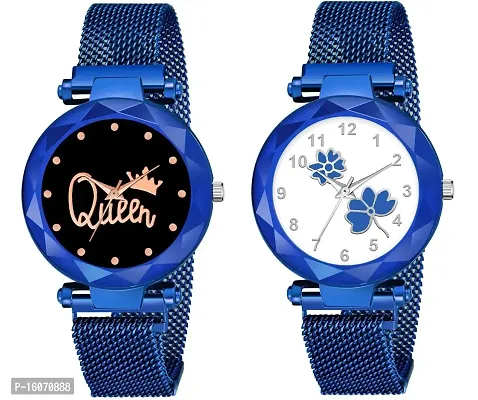 KIROH Pack of 2 Analogue Queen and Flower Dial Magnetic Strap Combo Girl's and Women's Watch (Blue-Blue)