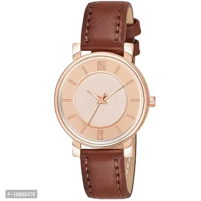 KIROH Analogue Antique Dial Designer Leather Strap Watch for Girl's and Women (Peach-Brown)-thumb0