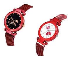 KIROH Pack of 2 Analogue Queen and Flower Dial Magnetic Strap Combo Girl's and Women's Watch (Red-Red)-thumb1