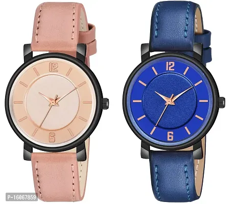 KIROH Analogue Round Dial Stylish Premium Leather Strap Watch for Girls and Women (Pack of -2, Peach-Blue)