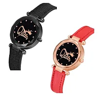 KIROH Analogue Queen Dial Pack of 2 Leather Strap Watch for Girl's and Women's (Black-red)-thumb1