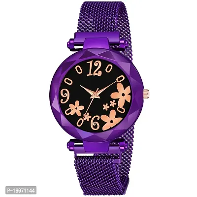 KIROH Analogue Flower Designer Dial Magnetic Belt Women's and Girl's Watch (Purple)