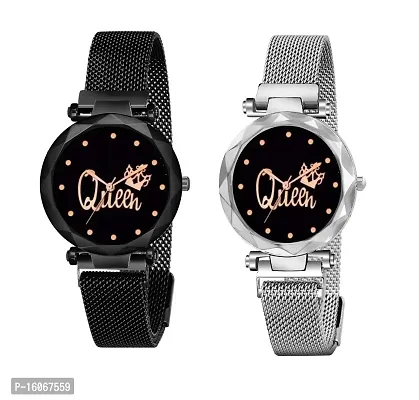 KIROH Casual Analogue Queen Dial Magnetic Strap Analog Watch for Girl's and Women (Pack of 2) (Black-Silver)-thumb0