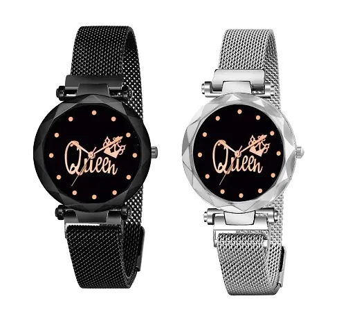 KIROH Analogue Queen Dial Magnetic Strap Analog Watch for Girl's and Women (Pack of 2)