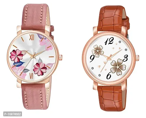 KIROH Analogue Round Dial Dual Flower Premium Leather Strap Watch for Girls and Women (Pack of -2, Pea-Brown)