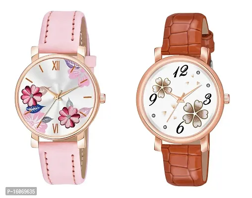 KIROH Analogue Round Dial Dual Flower Premium Leather Strap Watch for Girls and Women (Pack of -2, Pink-Brown)