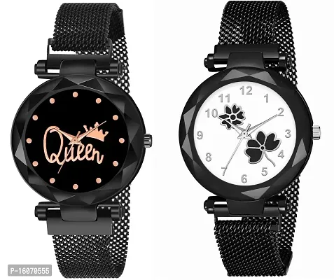 KIROH Pack of 2 Analogue Queen and Flower Dial Magnetic Strap Combo Girl's and Women's Watch (Black-Black)