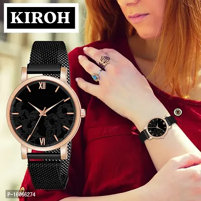 KIROH Analogue Roman Digit Dial Unique Designer Leather Strap Watch for Girl's and Women (Black)-thumb5