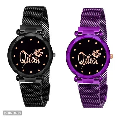 KIROH Casual Analogue Queen Dial Magnetic Strap Analog Watch for Girl's and Women (Pack of 2) (Black-Purple)