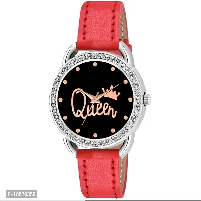 KIROH Analogue Diamond Designer Queen Dial Leather Strap Watch for Girls and Women(Red)-thumb0