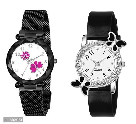 KIROH Analogue Flower Dial Magnetic and White Dial Butterfly Pu Strap Combo Girl's and Women's Watch (Black-Pink-Black)