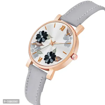 KIROH Analogue Flower Designer Leather Strap Watch for Girl's and Women (Grey)-thumb2