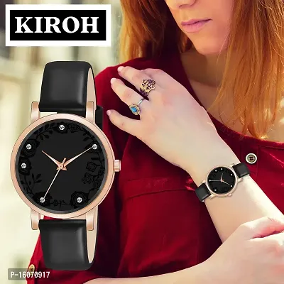 KIROH Analogue Dimond Designer Leather Strap Watch for Girl's and Women (Pink) (Black)-thumb5