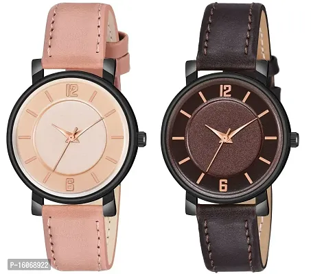 KIROH Analogue Round Dial Stylish Premium Leather Strap Watch for Girls and Women (Pack of -2,Peach-Maroon)