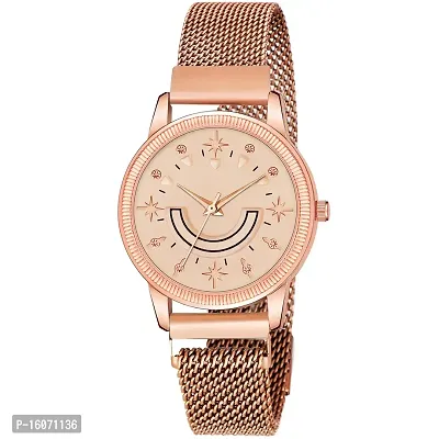 KIROH Analogue Smiley Rose Gold Dial Magnetic Metal Strap Watch for Girl's and Women (Rose Gold-Peach)