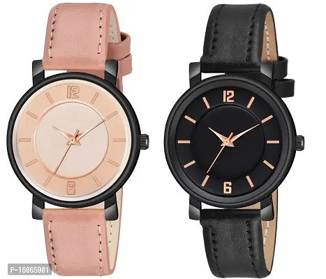 KIROH Analogue Round Dial Stylish Premium Leather Strap Watch for Girls and Women (Pack of -2, Peach-Black)