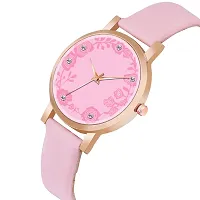 KIROH Analogue Dimond Designer Leather Strap Watch for Girl's and Women (Pink) (Pink)-thumb1