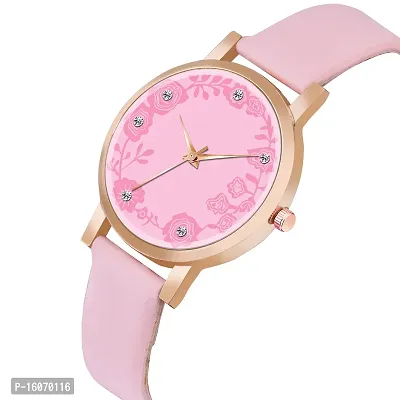 KIROH Analogue Dimond Designer Leather Strap Watch for Girl's and Women (Pink) (Pink)-thumb2