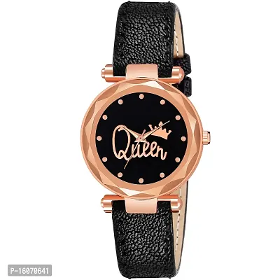 KIROH Analogue Queen Dial Premium Leathers Strap Girl's and Women's Watch (Black)