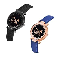KIROH Analogue Queen Dial Pack of 2 Leather Strap Watch for Girl's and Women's (Black-Blue)-thumb1
