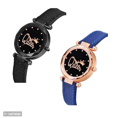 KIROH Analogue Queen Dial Pack of 2 Leather Strap Watch for Girl's and Women's (Black-Blue)-thumb2