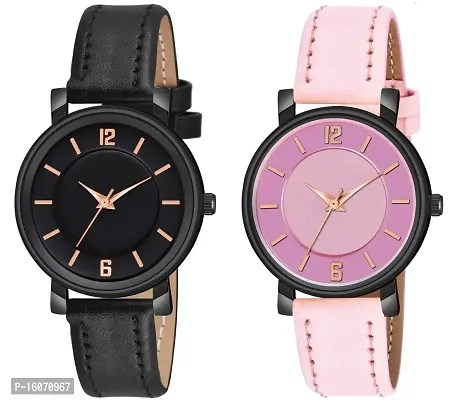 KIROH Analogue Round Dial Stylish Premium Leather Strap Watch for Girls and Women (Pack of -2, Black-Pink)-thumb0