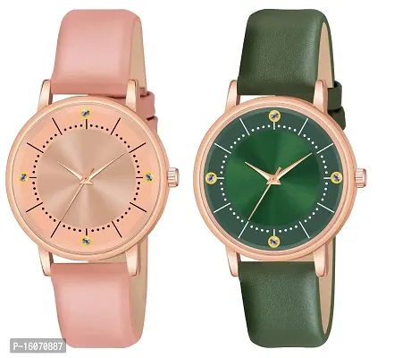 KIROH Analogue Round Dial Stylish 4 Point Premium Leather Strap Watch for Girls and Women (Pack of -2, Peach - Green)-thumb0