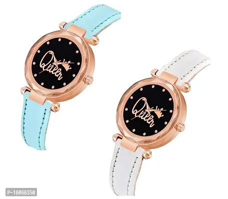 KIROH Analogue Queen Dial Pack of 2 Combo Leather Strap Watch for Girl's and Women's (Sky Blue-White)-thumb2