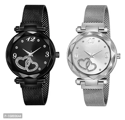 KIROH Casual Analogue Heart Dial Magnetic Strap Analog Watch for Girl's and Women (,Pack of 2) (Black-Silver)-thumb0