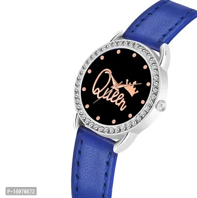 KIROH Analogue Diamond Designer Queen Dial Leather Strap Watch for Girls and Women(Blue)-thumb2